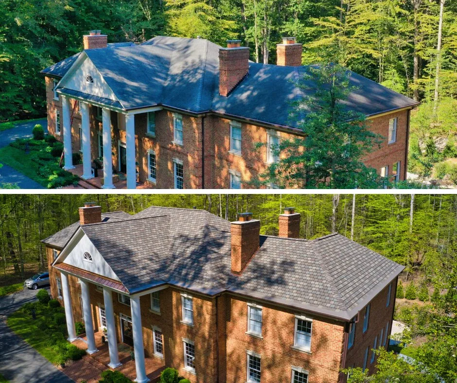 Before and after aerial views of a brick Georgian home: a faded roof on top, a new designer shingle roof below