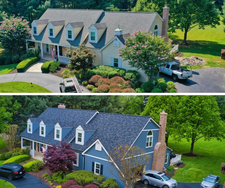 Before and after aerial views of a cape cod home: worn shingles and yellow siding on top, a new dark shingle roof with blue siding below