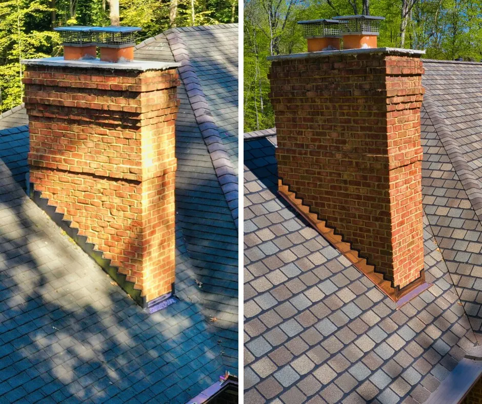 Side-by-side views of a brick chimney: aged shingles and worn flashing on the left, new designer shingles and copper flashing on the right