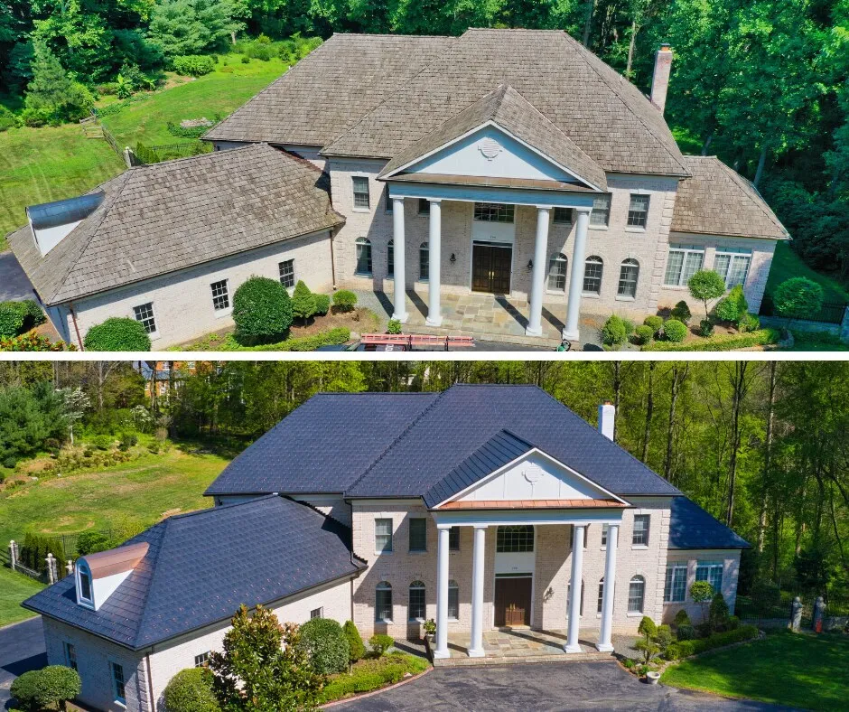Before and after aerial views of a columned colonial: a faded shake roof on top, a new slate-style roof with a copper portico accent below