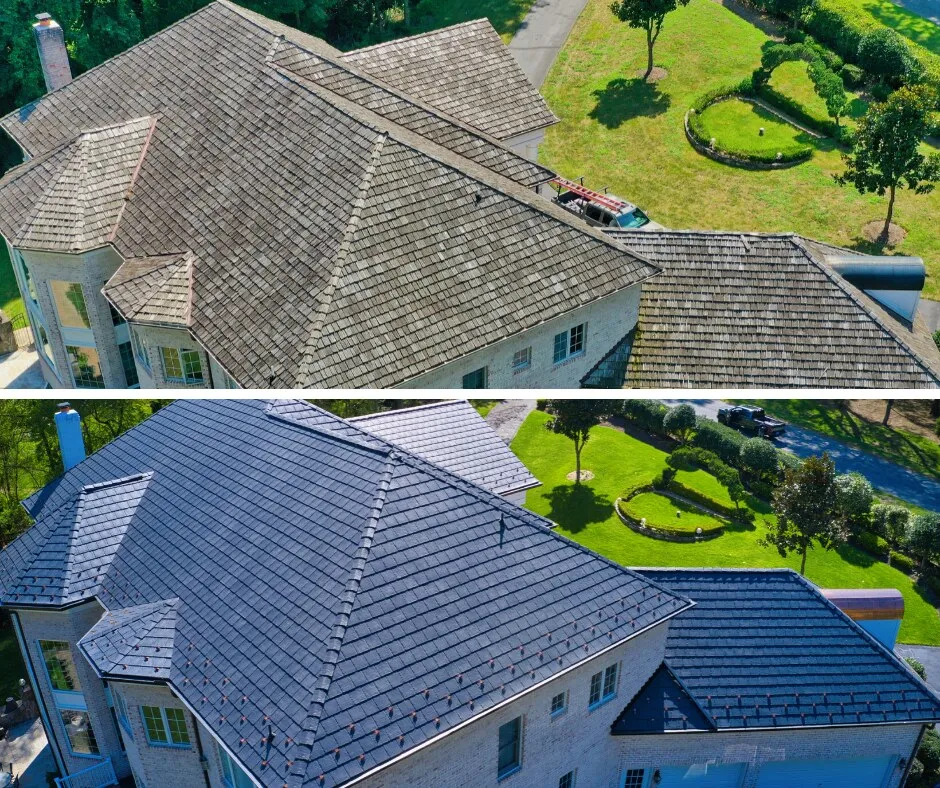 Before and after aerial views of a white brick home: a weathered cedar shake roof on top, a new synthetic slate roof below