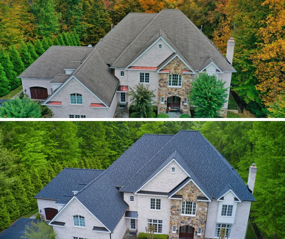 Before and after aerial views of a stone-front estate: an aged tan roof in autumn on top, a new dark designer shingle roof below