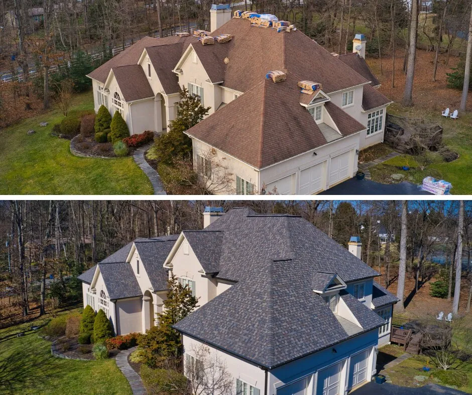 Before and after aerial views of a stucco estate: a worn brown shingle roof on top, a new designer shingle roof below
