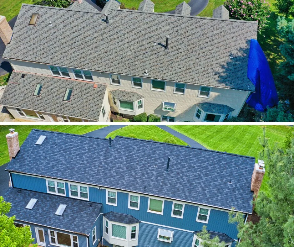 Before and after aerial views of a two-story home: a worn roof with a blue storm tarp on top, a new architectural shingle roof with blue siding below