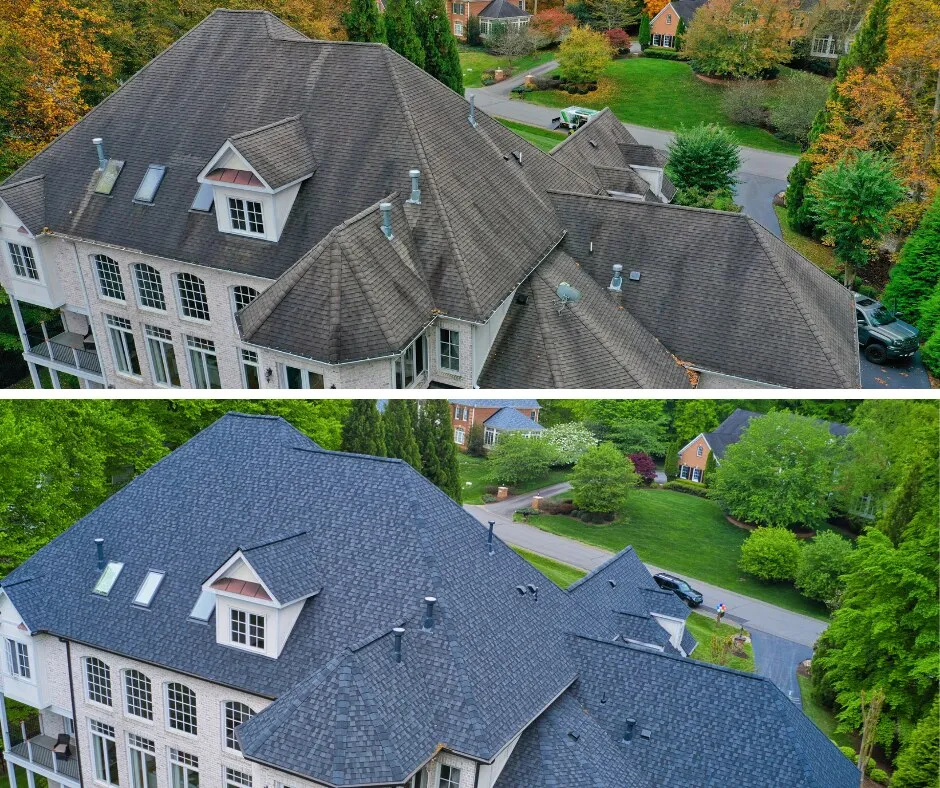 Before and after aerial views of a white brick estate: weathered gray shingles on top, a new dark architectural shingle roof below